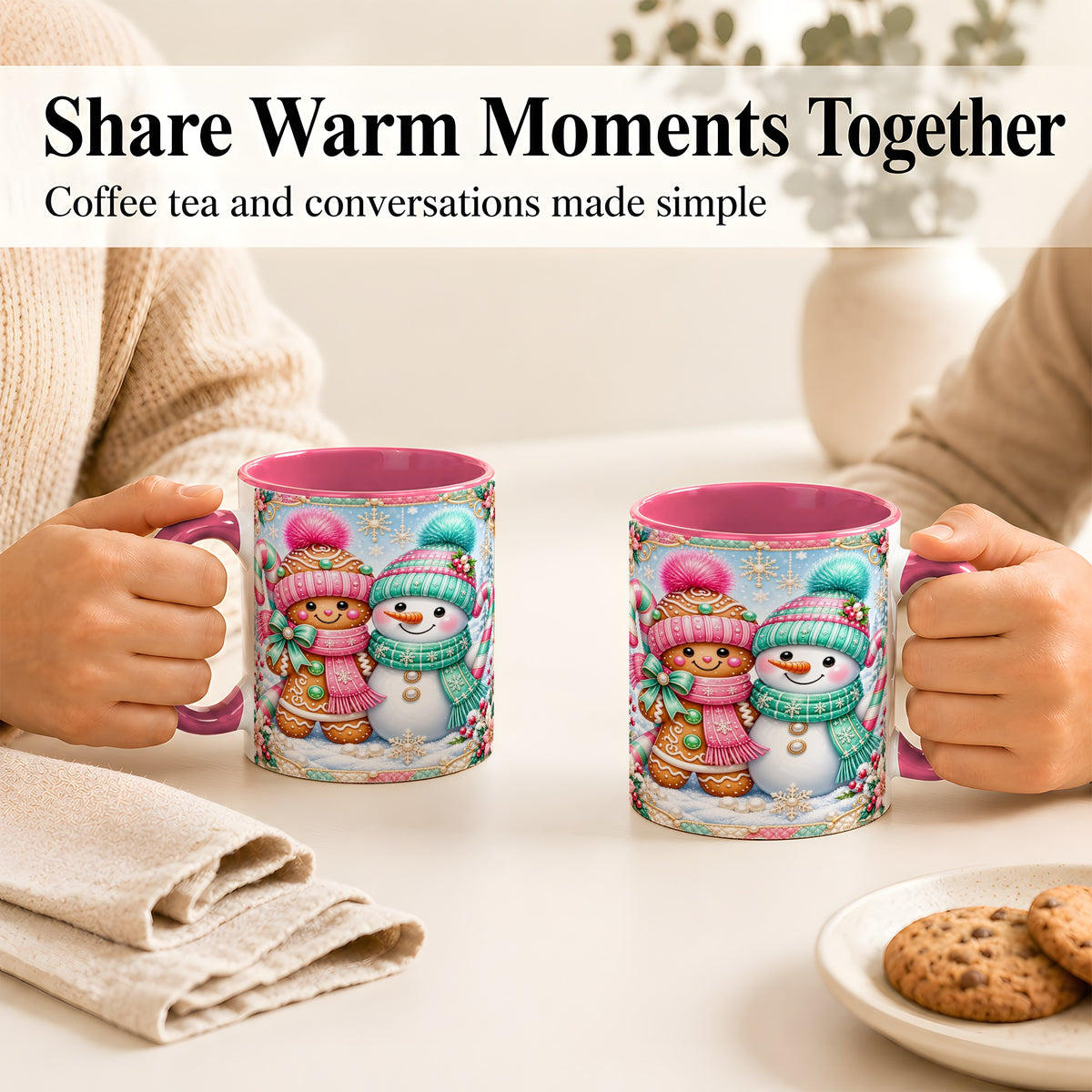 #pl[11oz|Pink] Gingerbread Snowman Coffee Mug, Pastel Winter Mug, Ceramic Cup