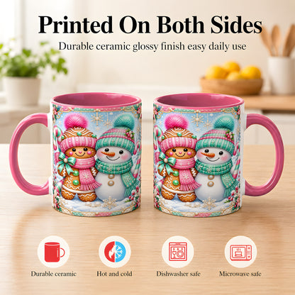 #pl[11oz|Pink] Gingerbread Snowman Coffee Mug, Pastel Winter Mug, Ceramic Cup