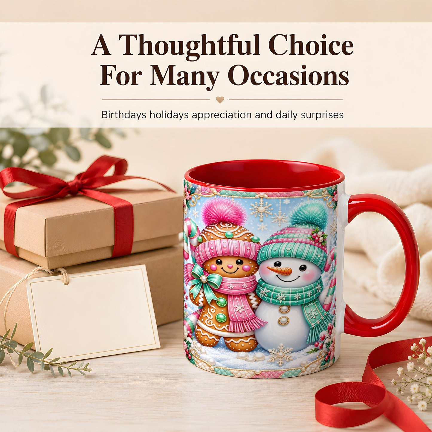 #pl[11oz|Red] Gingerbread Snowman Coffee Mug, Pastel Winter Mug, Ceramic Cup