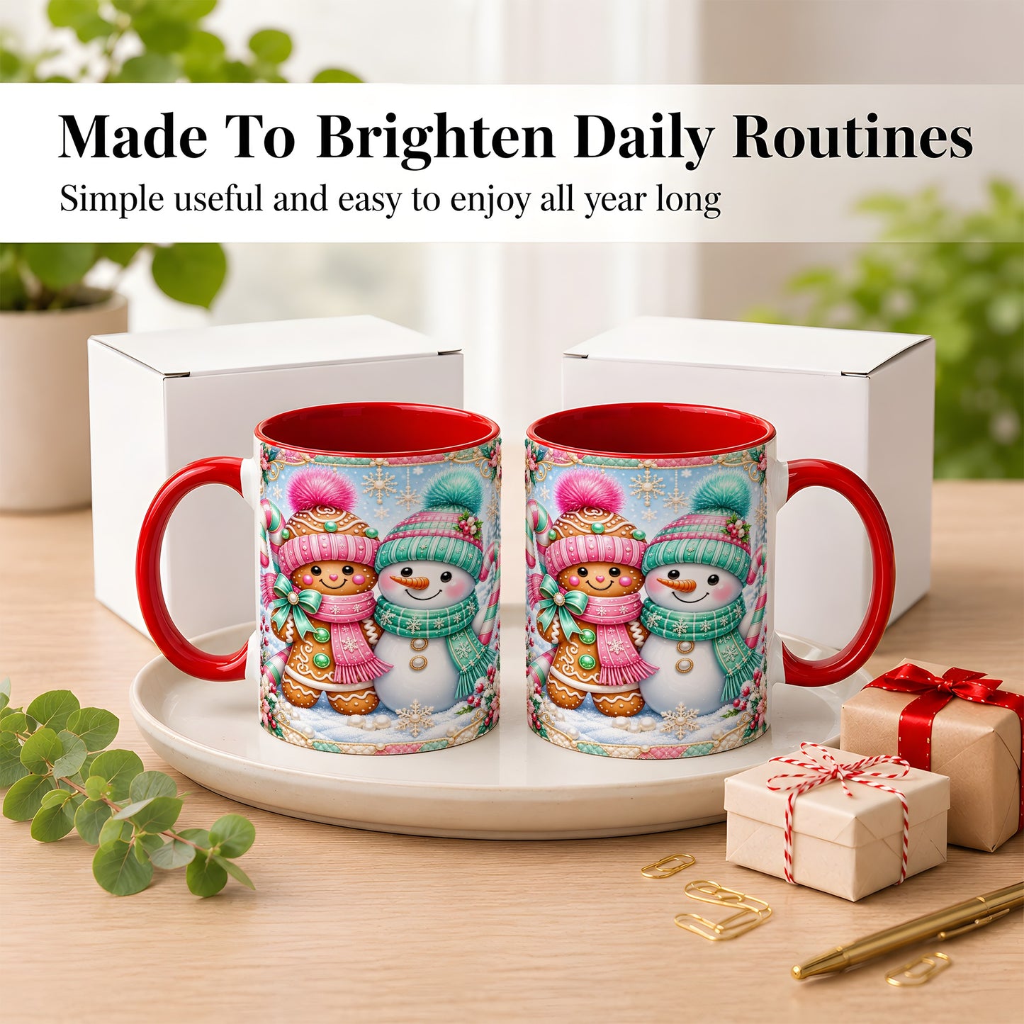 #pl[11oz|Red] Gingerbread Snowman Coffee Mug, Pastel Winter Mug, Ceramic Cup