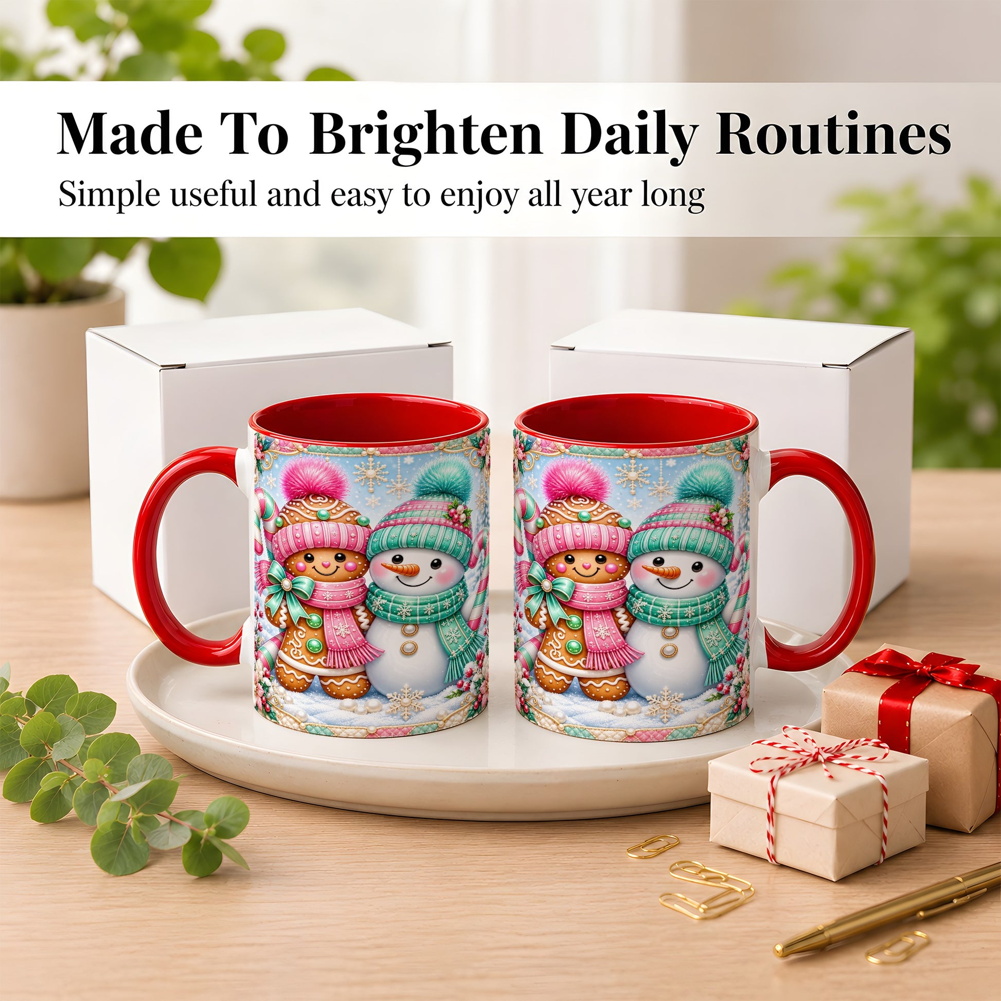 #pl[11oz|Red] Gingerbread Snowman Coffee Mug, Pastel Winter Mug, Ceramic Cup