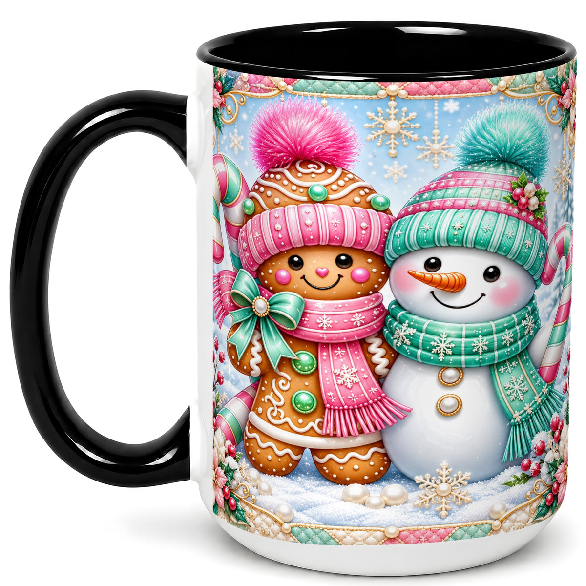 #pl[15oz|Black] Gingerbread Snowman Coffee Mug, Pastel Winter Mug, Ceramic Cup