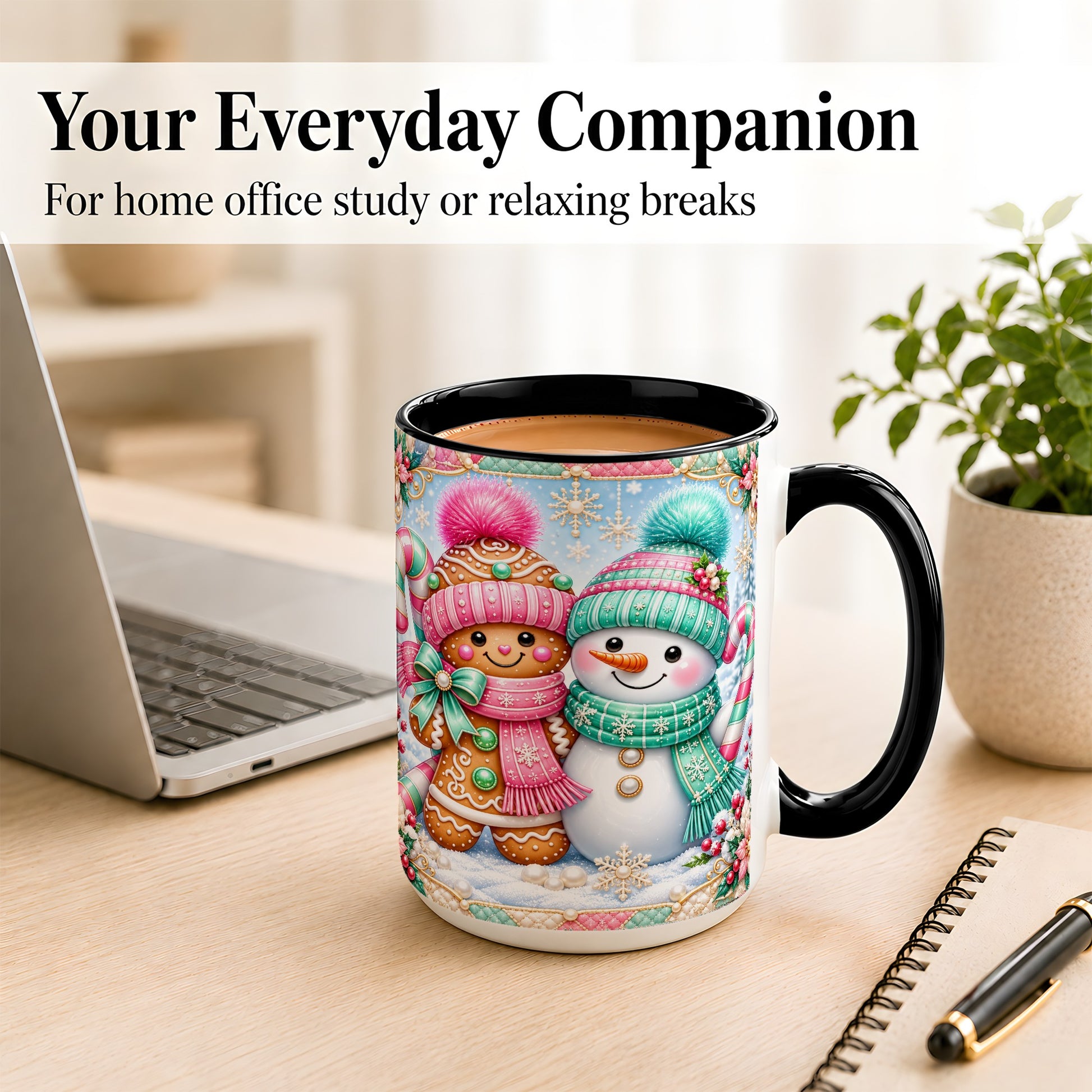 #pl[15oz|Black] Gingerbread Snowman Coffee Mug, Pastel Winter Mug, Ceramic Cup