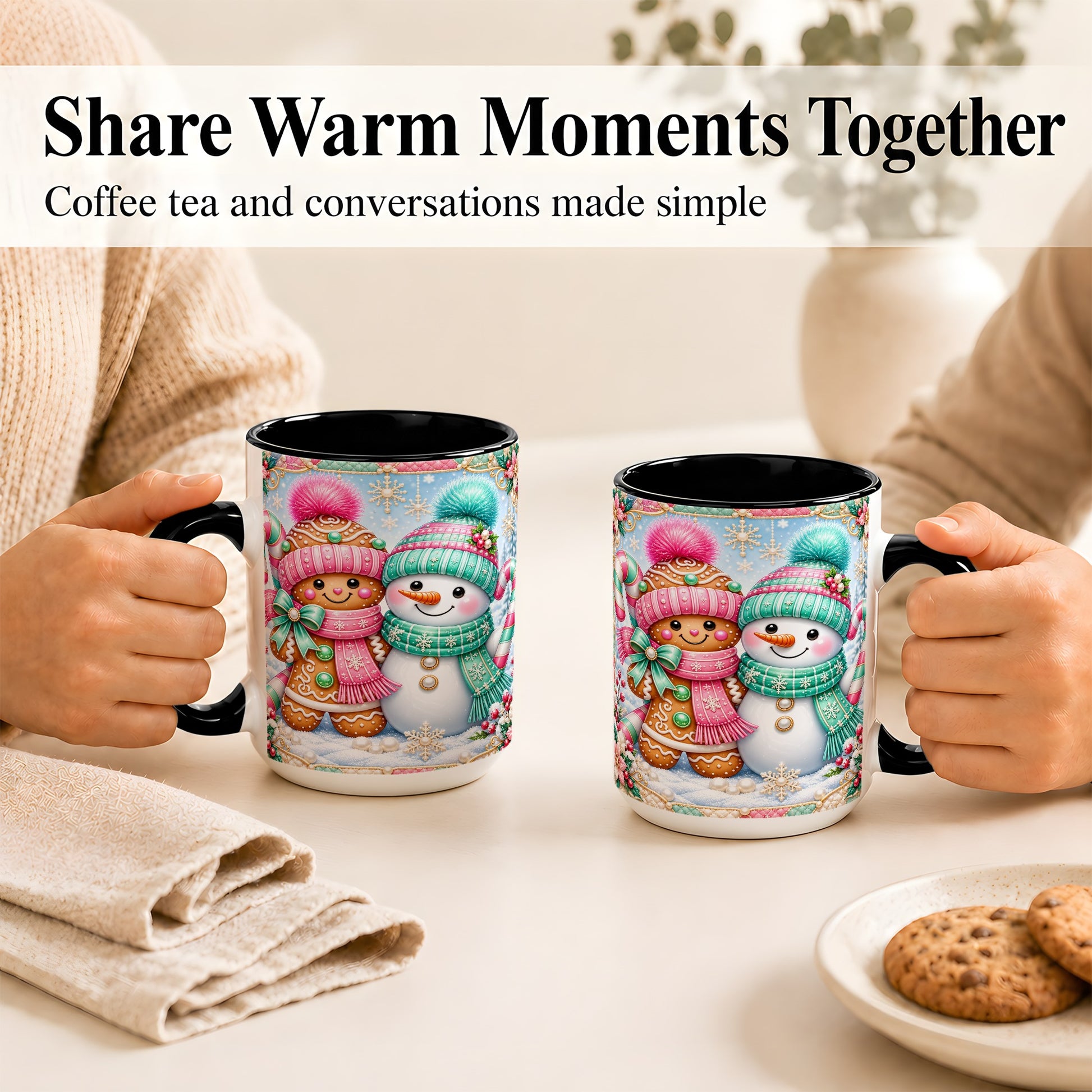 #pl[15oz|Black] Gingerbread Snowman Coffee Mug, Pastel Winter Mug, Ceramic Cup
