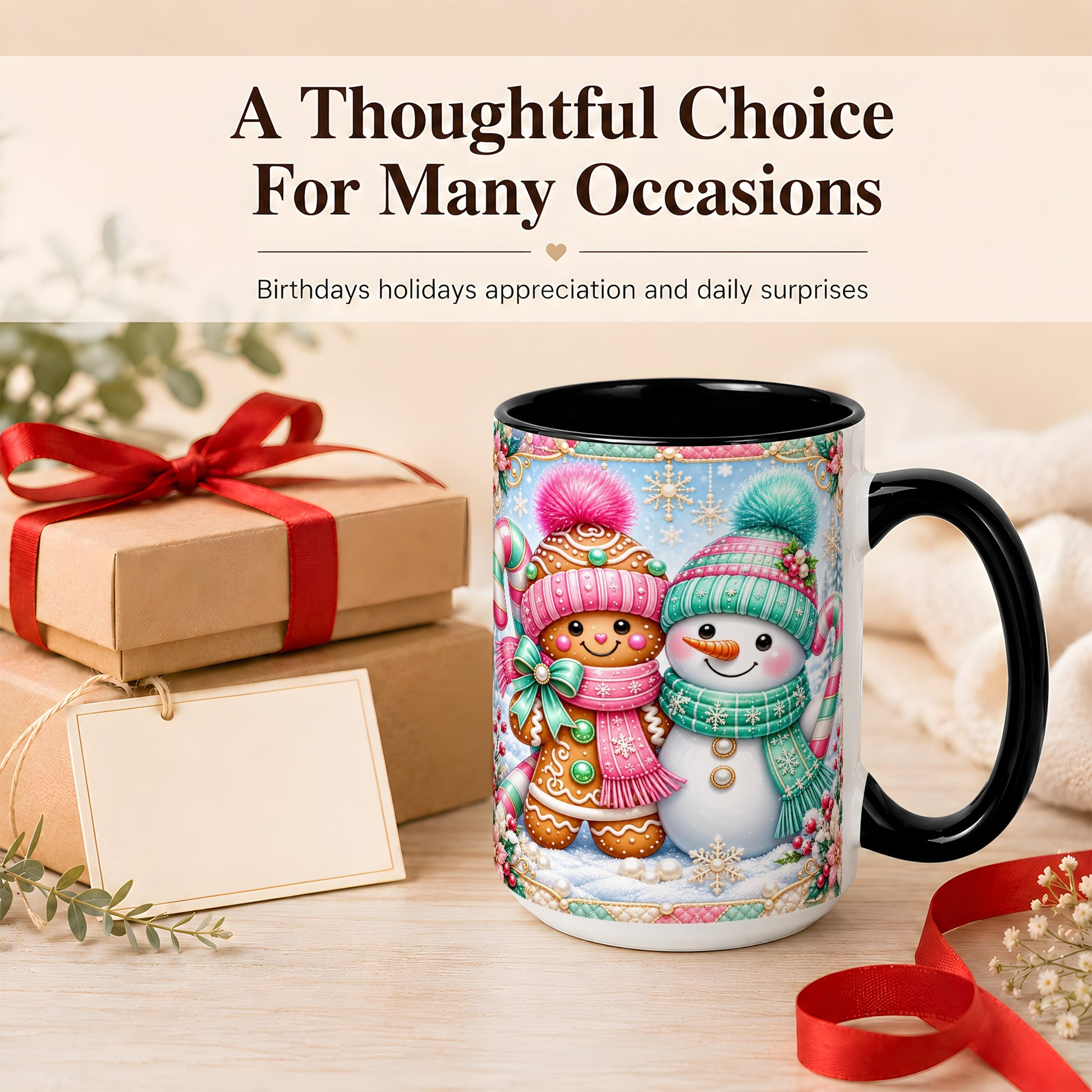 #pl[15oz|Black] Gingerbread Snowman Coffee Mug, Pastel Winter Mug, Ceramic Cup