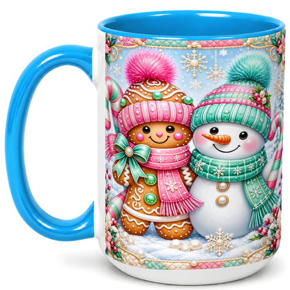 #pl[15oz|Blue] Gingerbread Snowman Coffee Mug, Pastel Winter Mug, Ceramic Cup