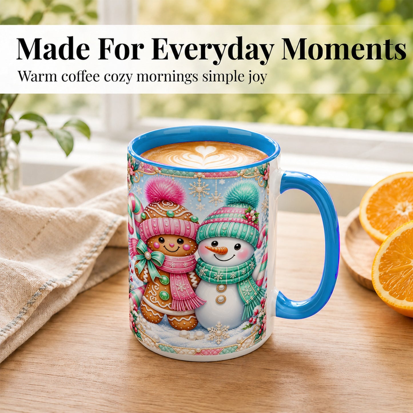 #pl[15oz|Blue] Gingerbread Snowman Coffee Mug, Pastel Winter Mug, Ceramic Cup
