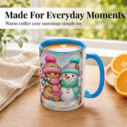 #pl[15oz|Blue] Gingerbread Snowman Coffee Mug, Pastel Winter Mug, Ceramic Cup