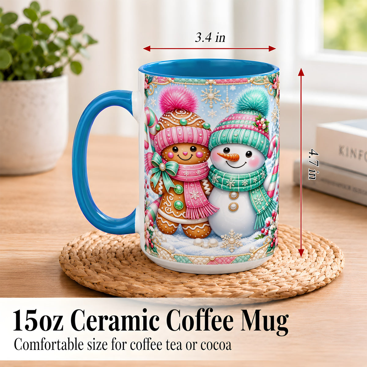 #pl[15oz|Blue] Gingerbread Snowman Coffee Mug, Pastel Winter Mug, Ceramic Cup