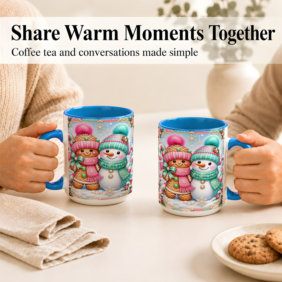 #pl[15oz|Blue] Gingerbread Snowman Coffee Mug, Pastel Winter Mug, Ceramic Cup