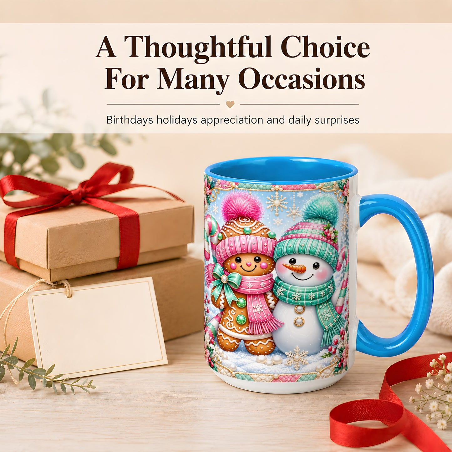 #pl[15oz|Blue] Gingerbread Snowman Coffee Mug, Pastel Winter Mug, Ceramic Cup