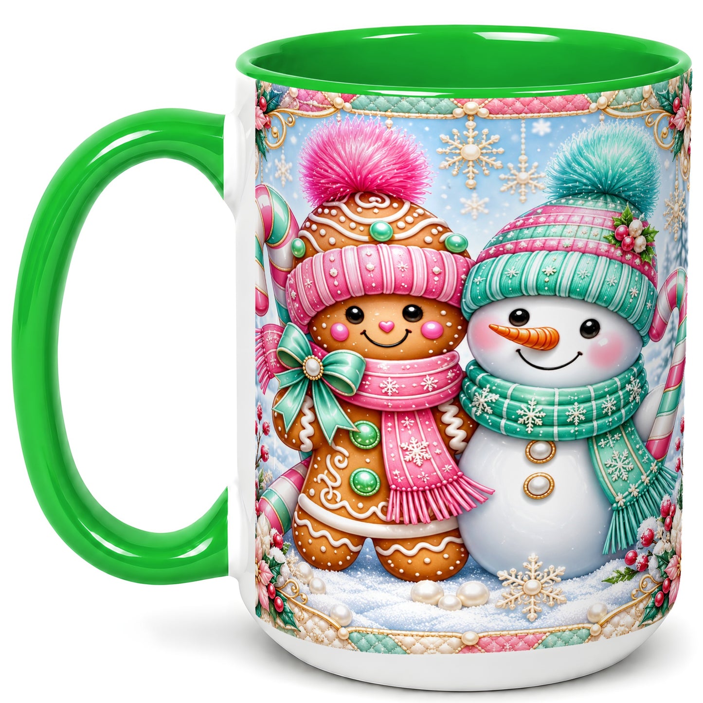 #pl[15oz|Green] Gingerbread Snowman Coffee Mug, Pastel Winter Mug, Ceramic Cup