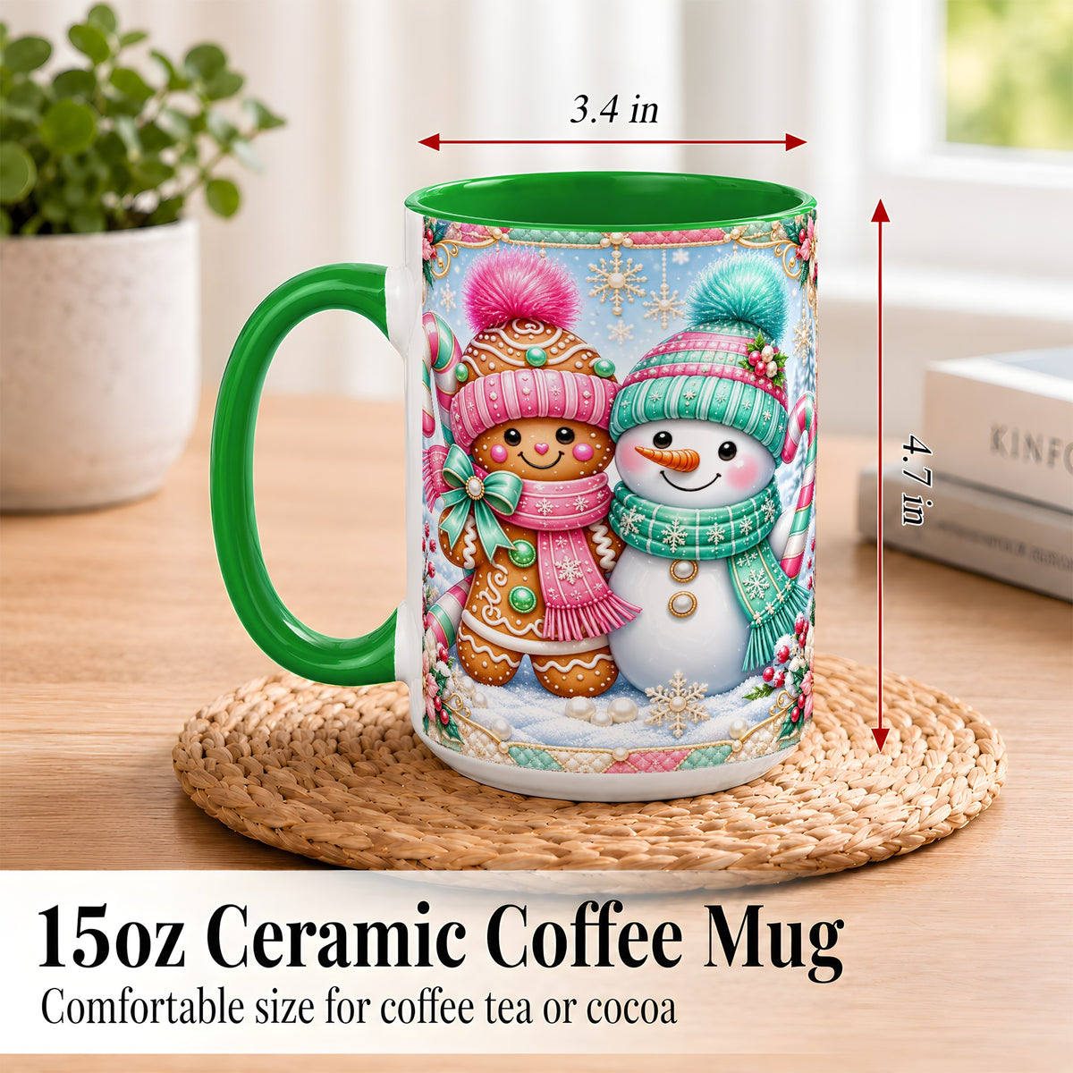 #pl[15oz|Green] Gingerbread Snowman Coffee Mug, Pastel Winter Mug, Ceramic Cup