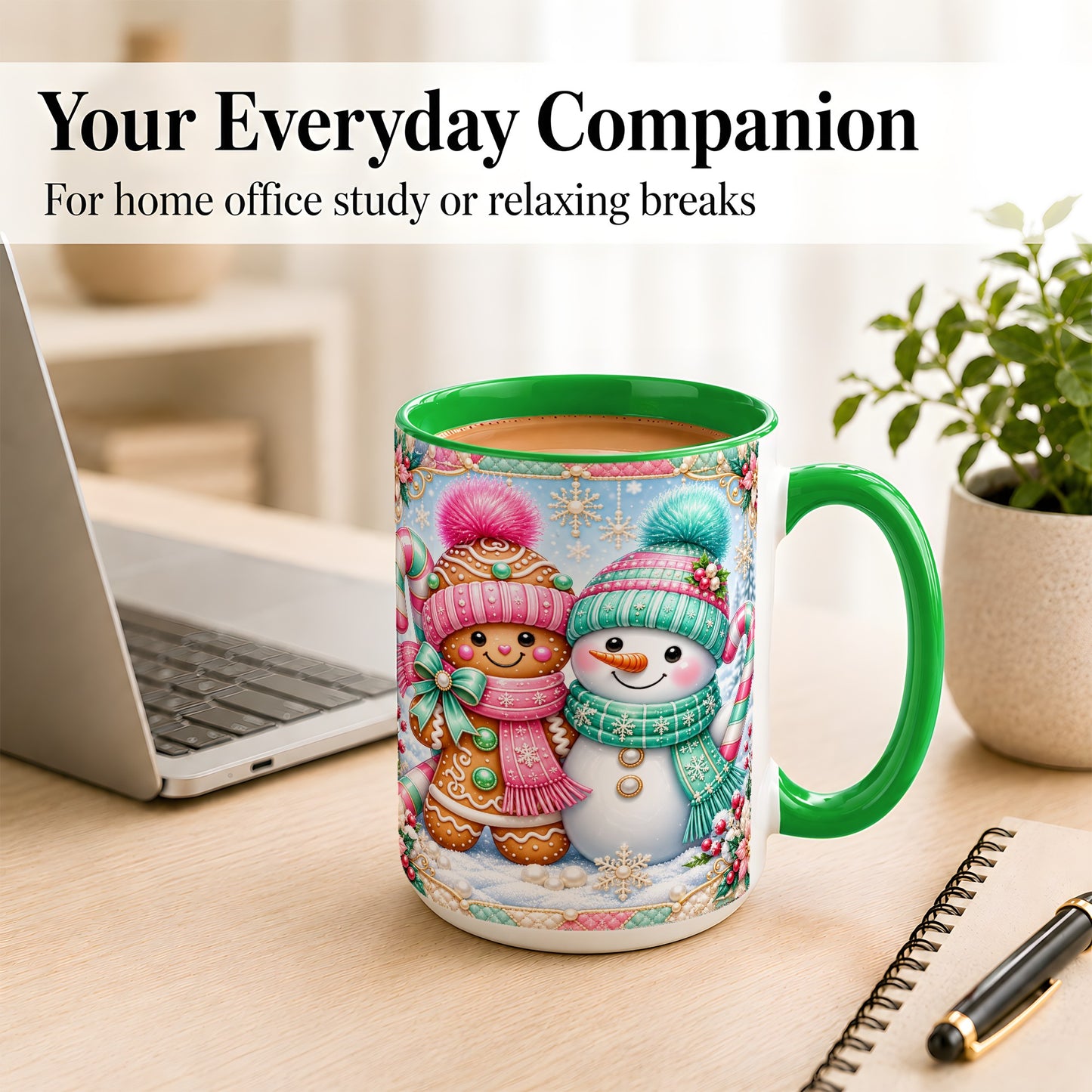 #pl[15oz|Green] Gingerbread Snowman Coffee Mug, Pastel Winter Mug, Ceramic Cup