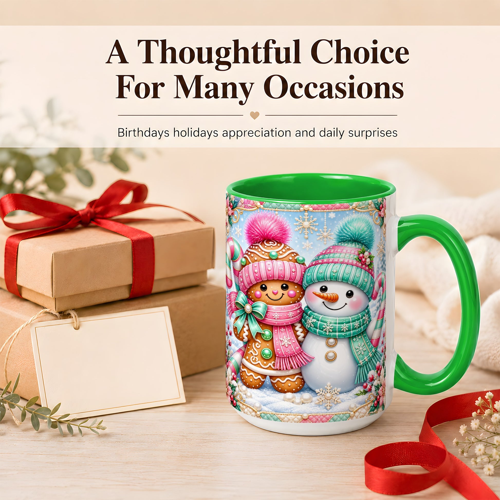 #pl[15oz|Green] Gingerbread Snowman Coffee Mug, Pastel Winter Mug, Ceramic Cup