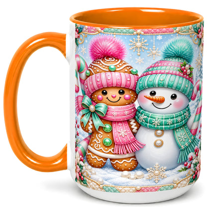 #pl[15oz|Orange] Gingerbread Snowman Coffee Mug, Pastel Winter Mug, Ceramic Cup