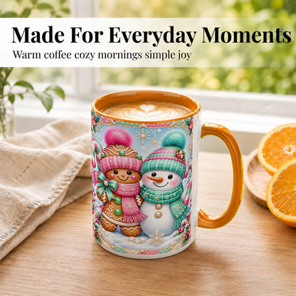 #pl[15oz|Orange] Gingerbread Snowman Coffee Mug, Pastel Winter Mug, Ceramic Cup