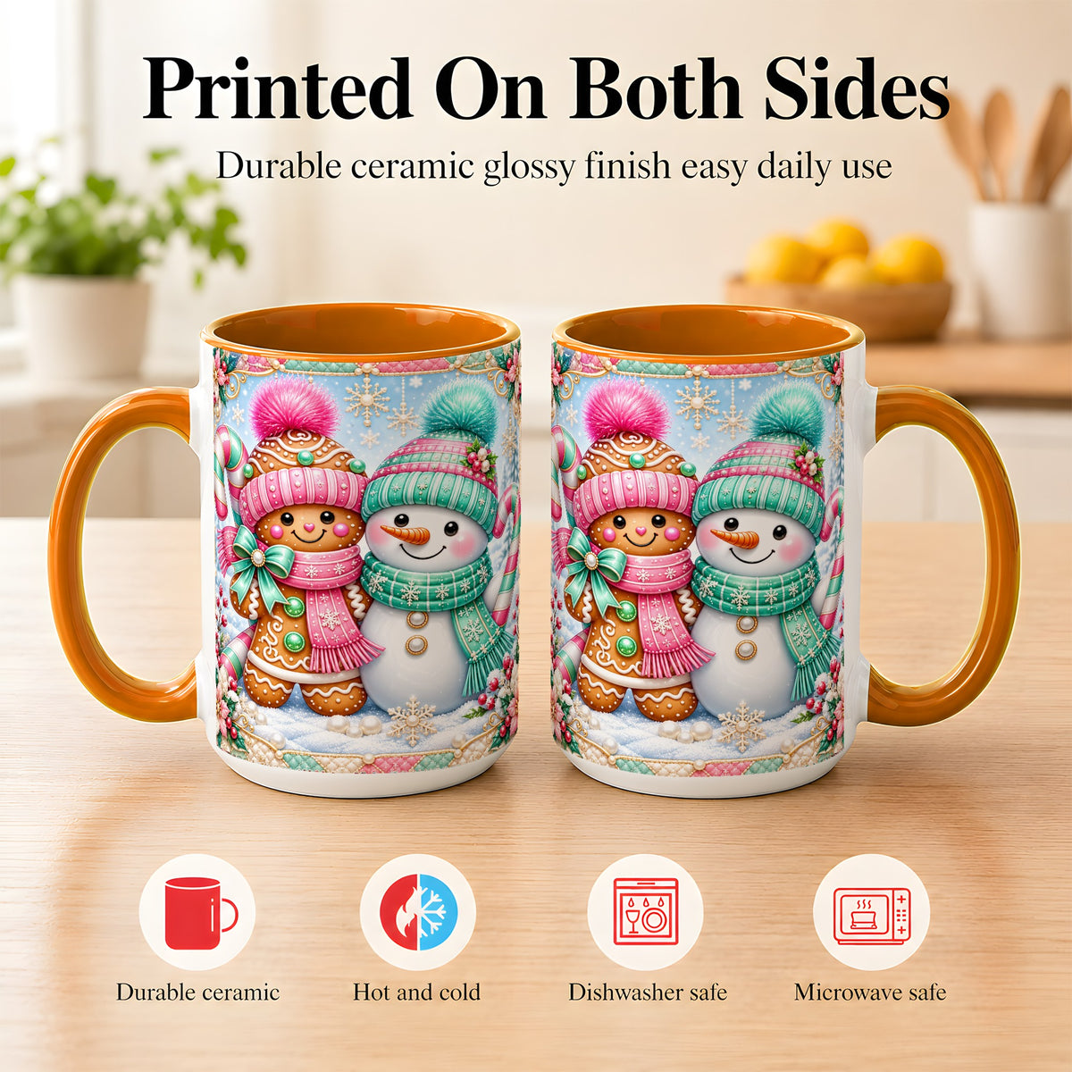 #pl[15oz|Orange] Gingerbread Snowman Coffee Mug, Pastel Winter Mug, Ceramic Cup
