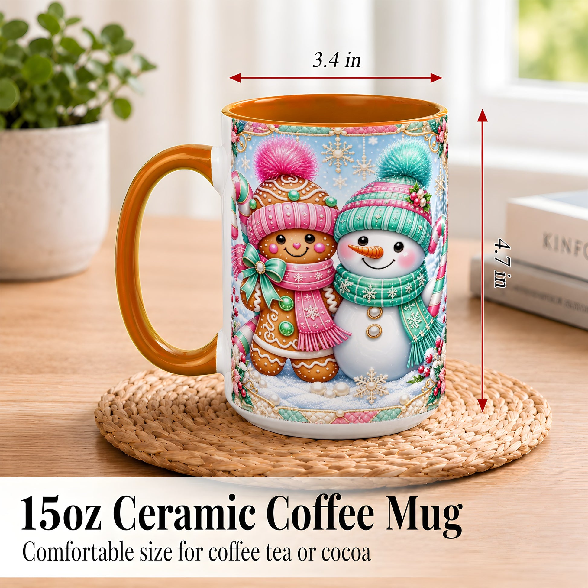 #pl[15oz|Orange] Gingerbread Snowman Coffee Mug, Pastel Winter Mug, Ceramic Cup