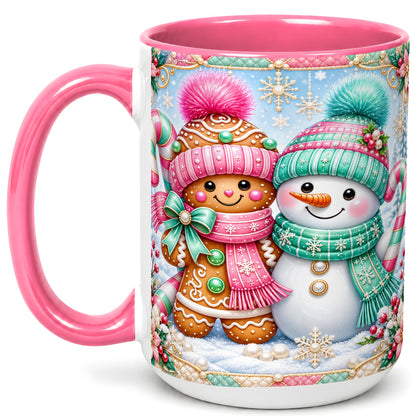 #pl[15oz|Pink] Gingerbread Snowman Coffee Mug, Pastel Winter Mug, Ceramic Cup