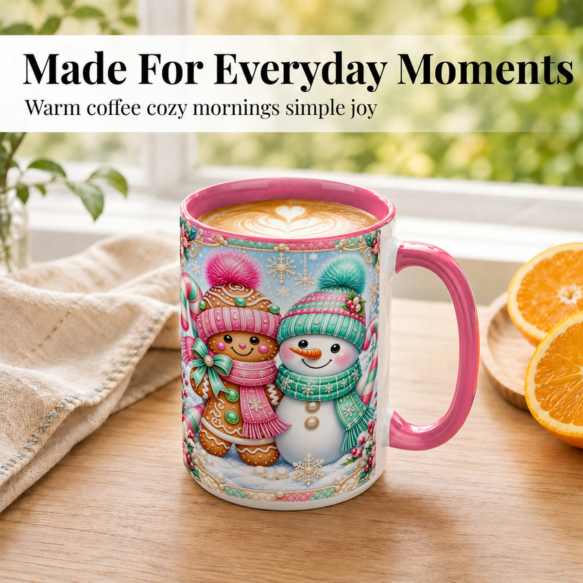 #pl[15oz|Pink] Gingerbread Snowman Coffee Mug, Pastel Winter Mug, Ceramic Cup