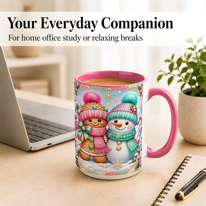 #pl[15oz|Pink] Gingerbread Snowman Coffee Mug, Pastel Winter Mug, Ceramic Cup