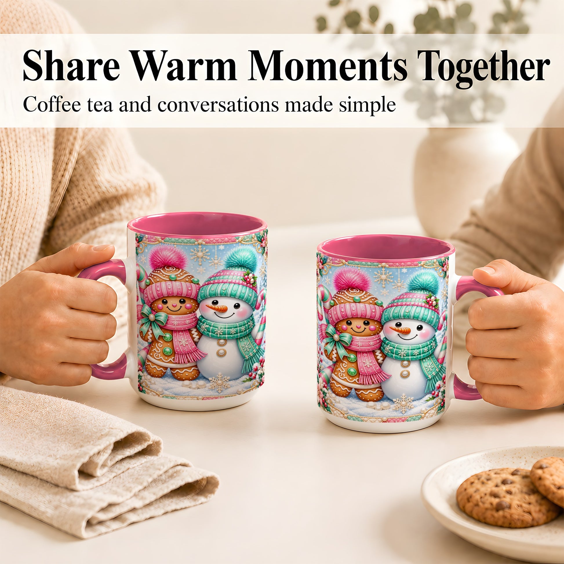 #pl[15oz|Pink] Gingerbread Snowman Coffee Mug, Pastel Winter Mug, Ceramic Cup