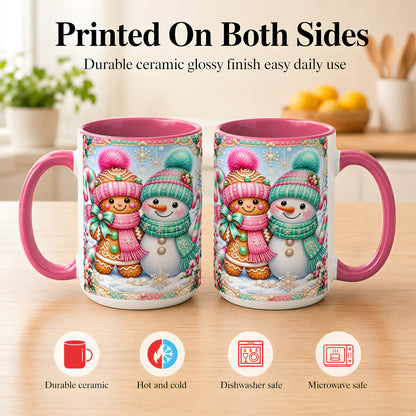 #pl[15oz|Pink] Gingerbread Snowman Coffee Mug, Pastel Winter Mug, Ceramic Cup