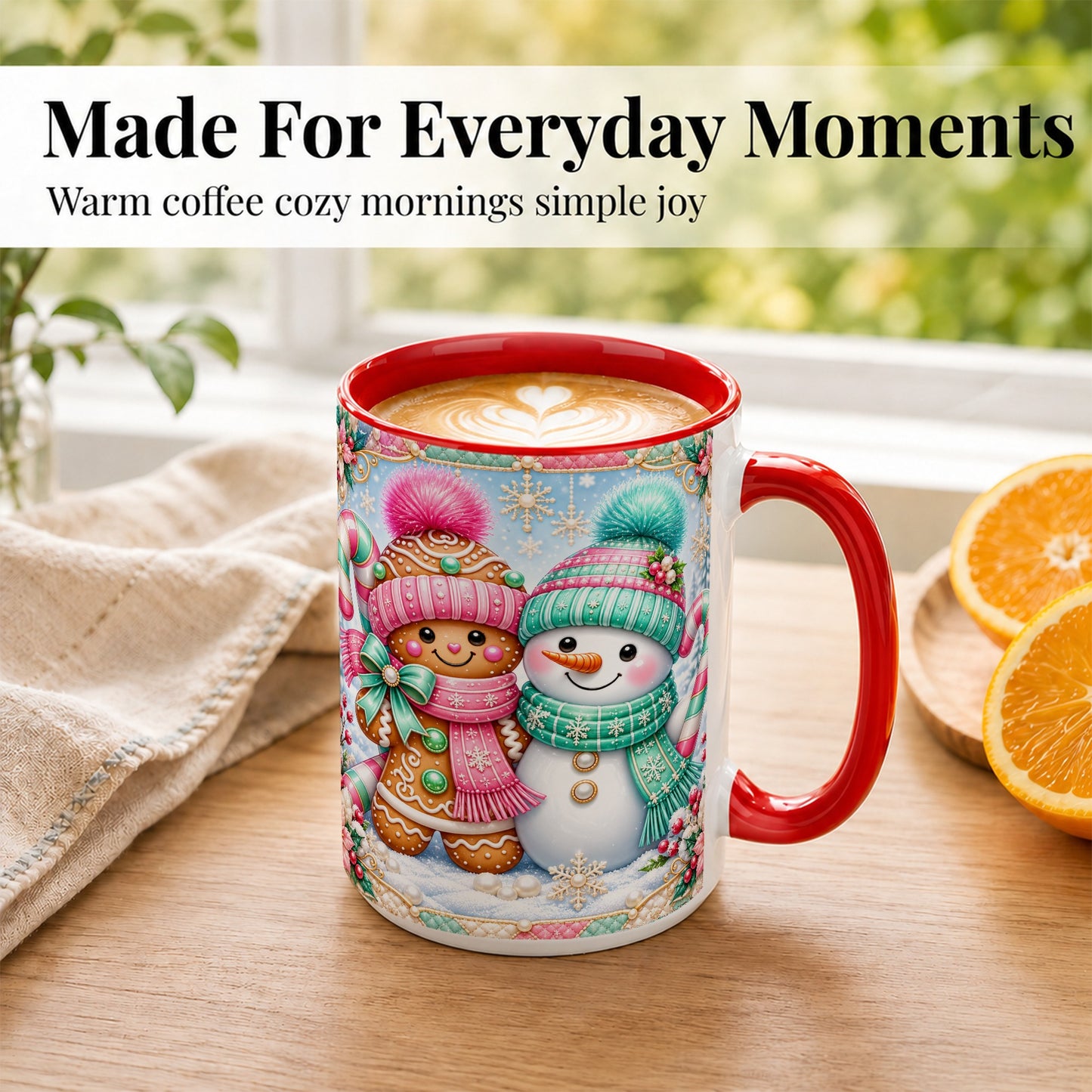 #pl[15oz|Red] Gingerbread Snowman Coffee Mug, Pastel Winter Mug, Ceramic Cup
