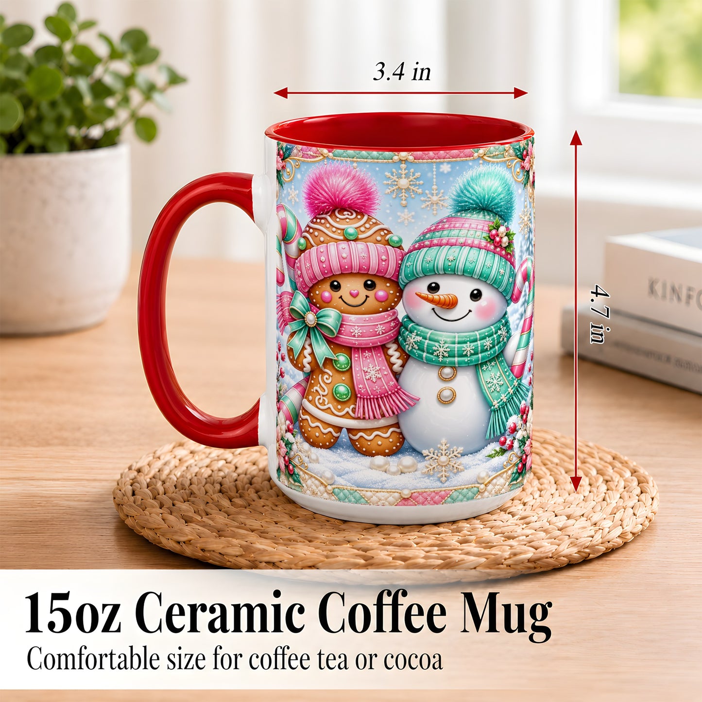 #pl[15oz|Red] Gingerbread Snowman Coffee Mug, Pastel Winter Mug, Ceramic Cup