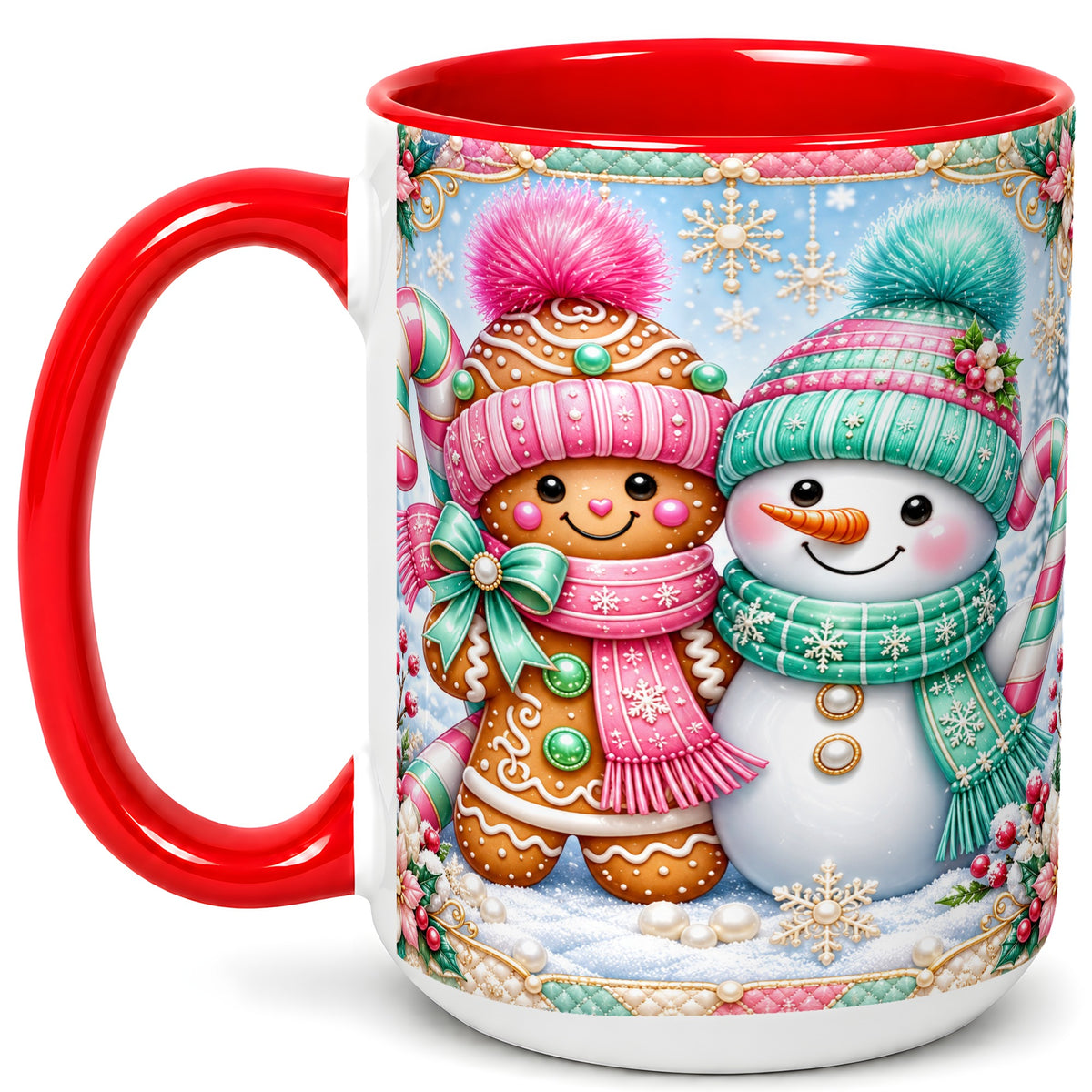 #pl[15oz|Red] Gingerbread Snowman Coffee Mug, Pastel Winter Mug, Ceramic Cup