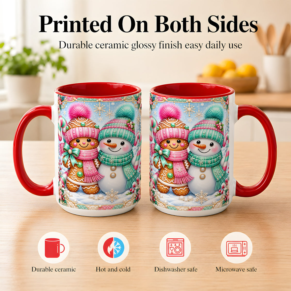 #pl[15oz|Red] Gingerbread Snowman Coffee Mug, Pastel Winter Mug, Ceramic Cup