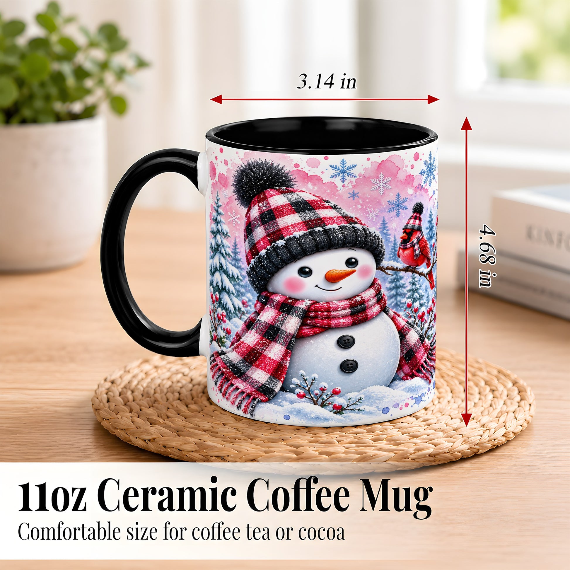 #pl[11oz|Black] Snowman Cardinal Coffee Mug, Buffalo Plaid Winter Mug, Ceramic Cup