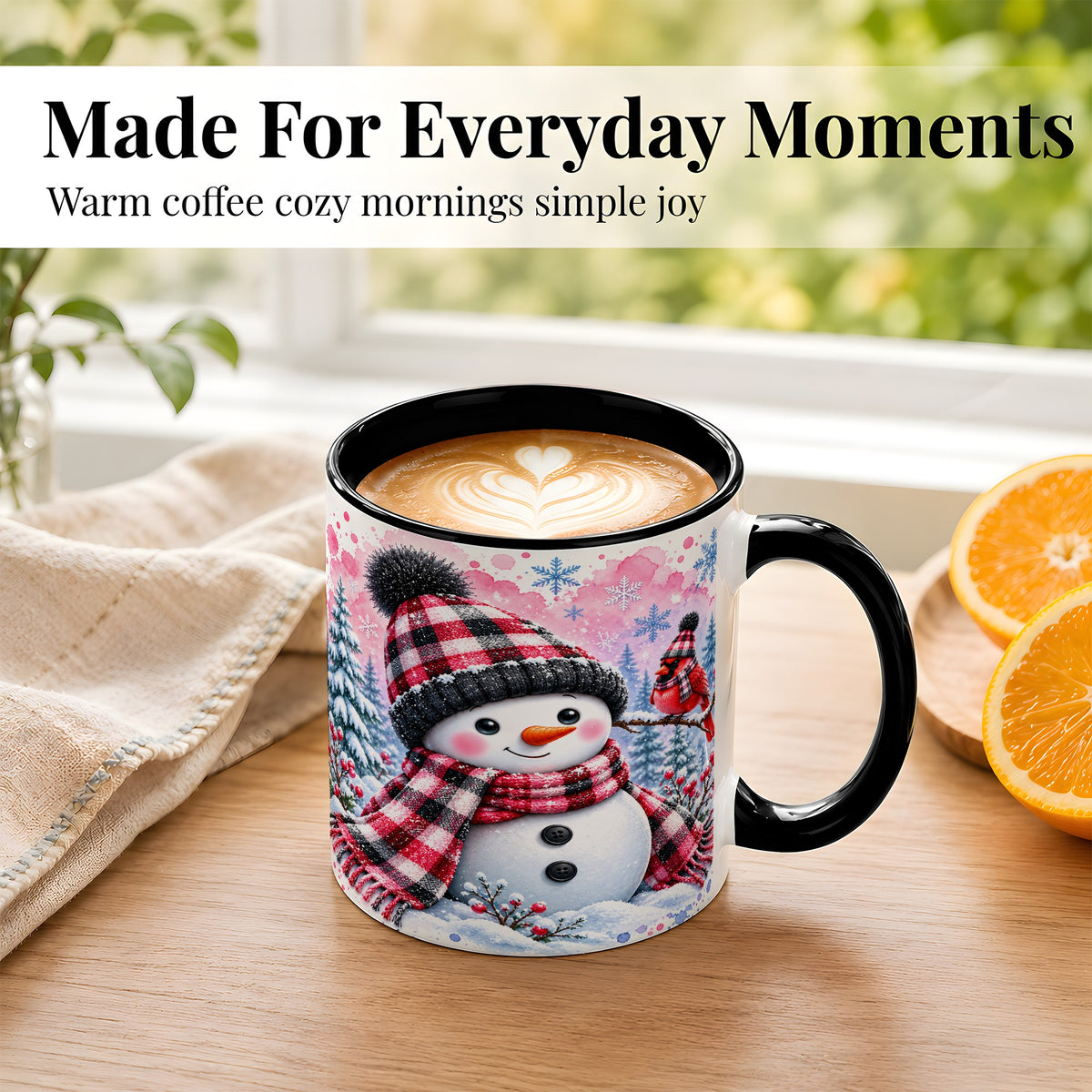 #pl[11oz|Black] Snowman Cardinal Coffee Mug, Buffalo Plaid Winter Mug, Ceramic Cup