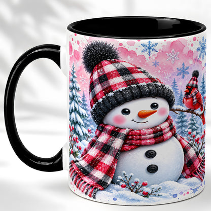 #pl[11oz|Black] Snowman Cardinal Coffee Mug, Buffalo Plaid Winter Mug, Ceramic Cup