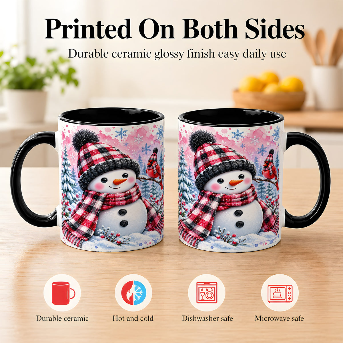 #pl[11oz|Black] Snowman Cardinal Coffee Mug, Buffalo Plaid Winter Mug, Ceramic Cup