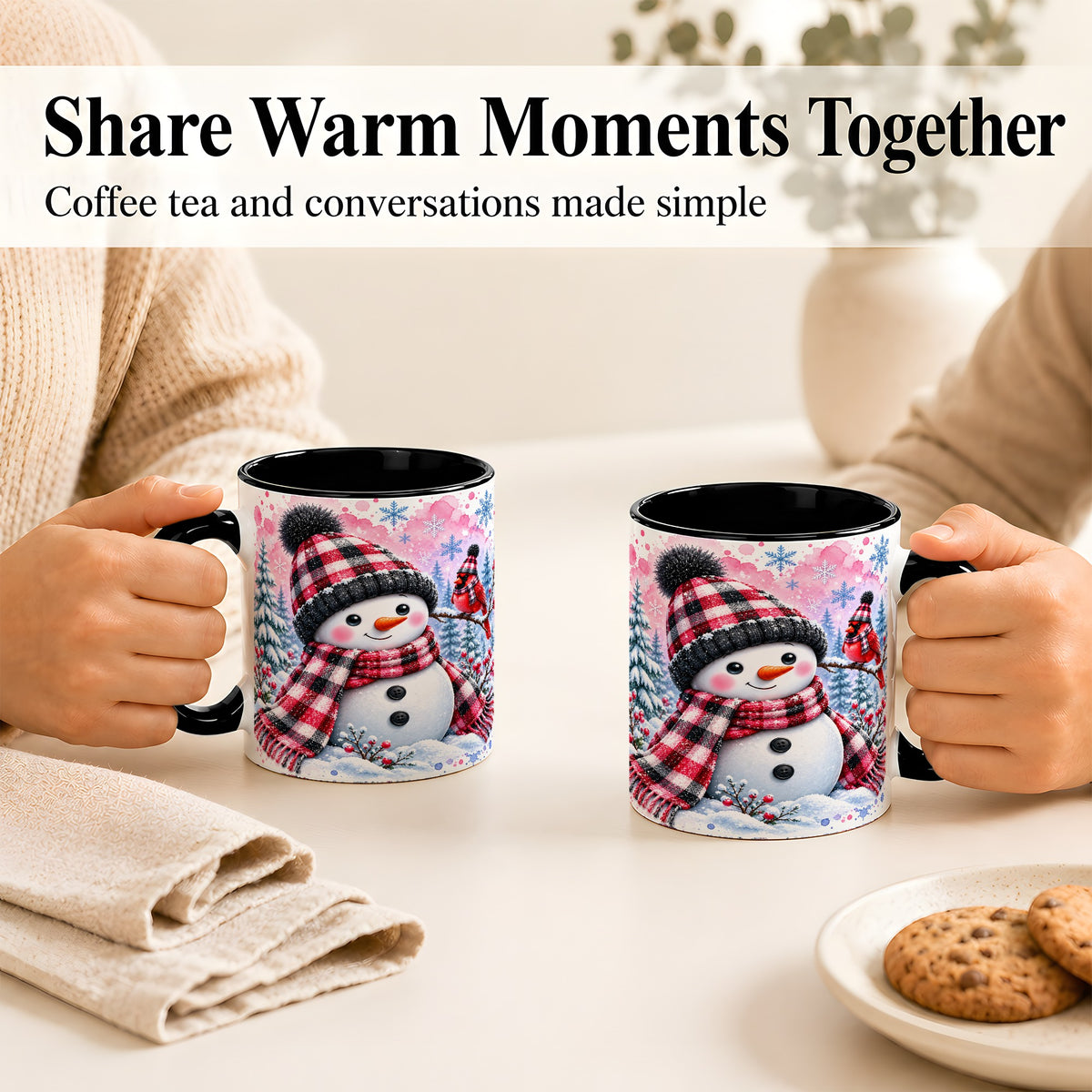 #pl[11oz|Black] Snowman Cardinal Coffee Mug, Buffalo Plaid Winter Mug, Ceramic Cup