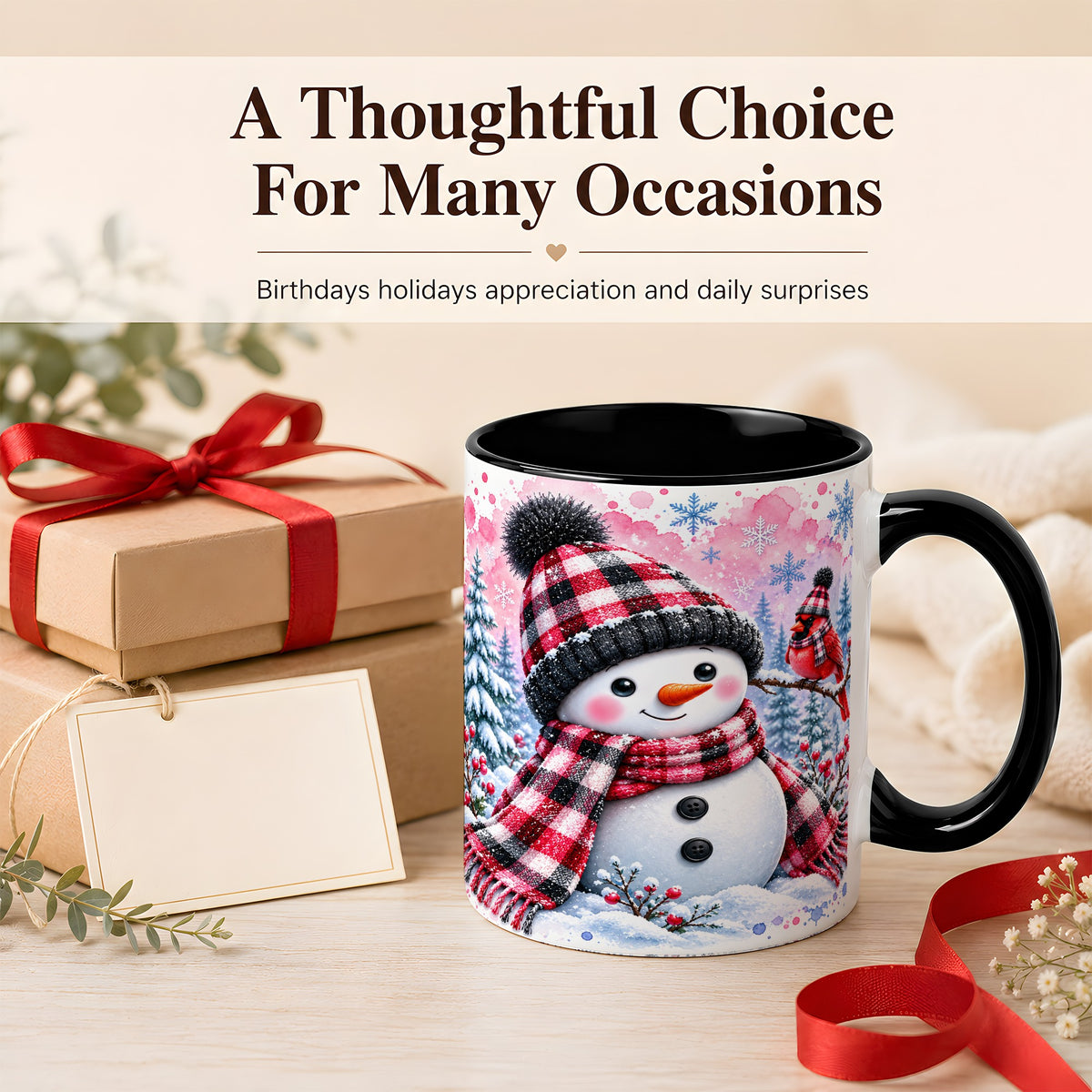 #pl[11oz|Black] Snowman Cardinal Coffee Mug, Buffalo Plaid Winter Mug, Ceramic Cup