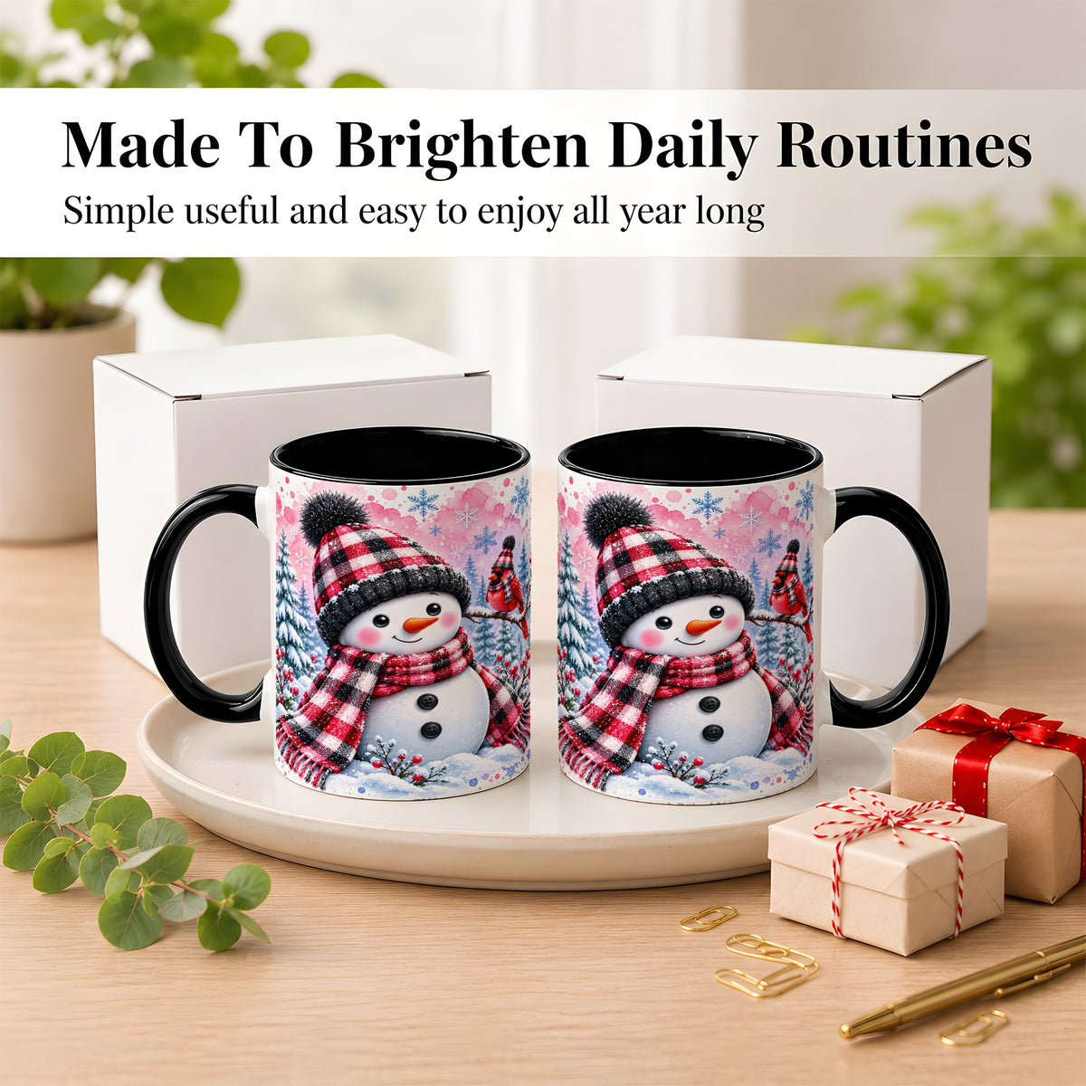 #pl[11oz|Black] Snowman Cardinal Coffee Mug, Buffalo Plaid Winter Mug, Ceramic Cup