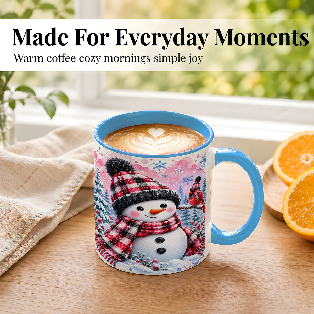 #pl[11oz|Blue] Snowman Cardinal Coffee Mug, Buffalo Plaid Winter Mug, Ceramic Cup