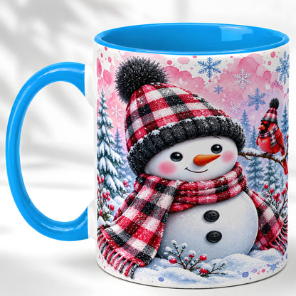 #pl[11oz|Blue] Snowman Cardinal Coffee Mug, Buffalo Plaid Winter Mug, Ceramic Cup