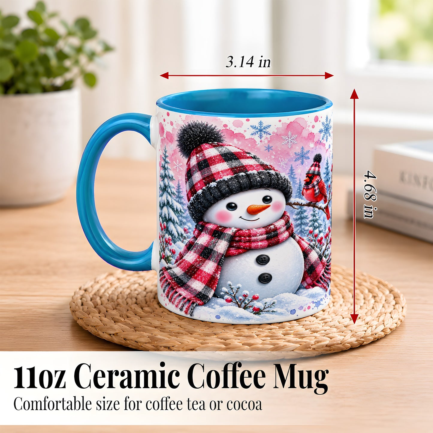 #pl[11oz|Blue] Snowman Cardinal Coffee Mug, Buffalo Plaid Winter Mug, Ceramic Cup