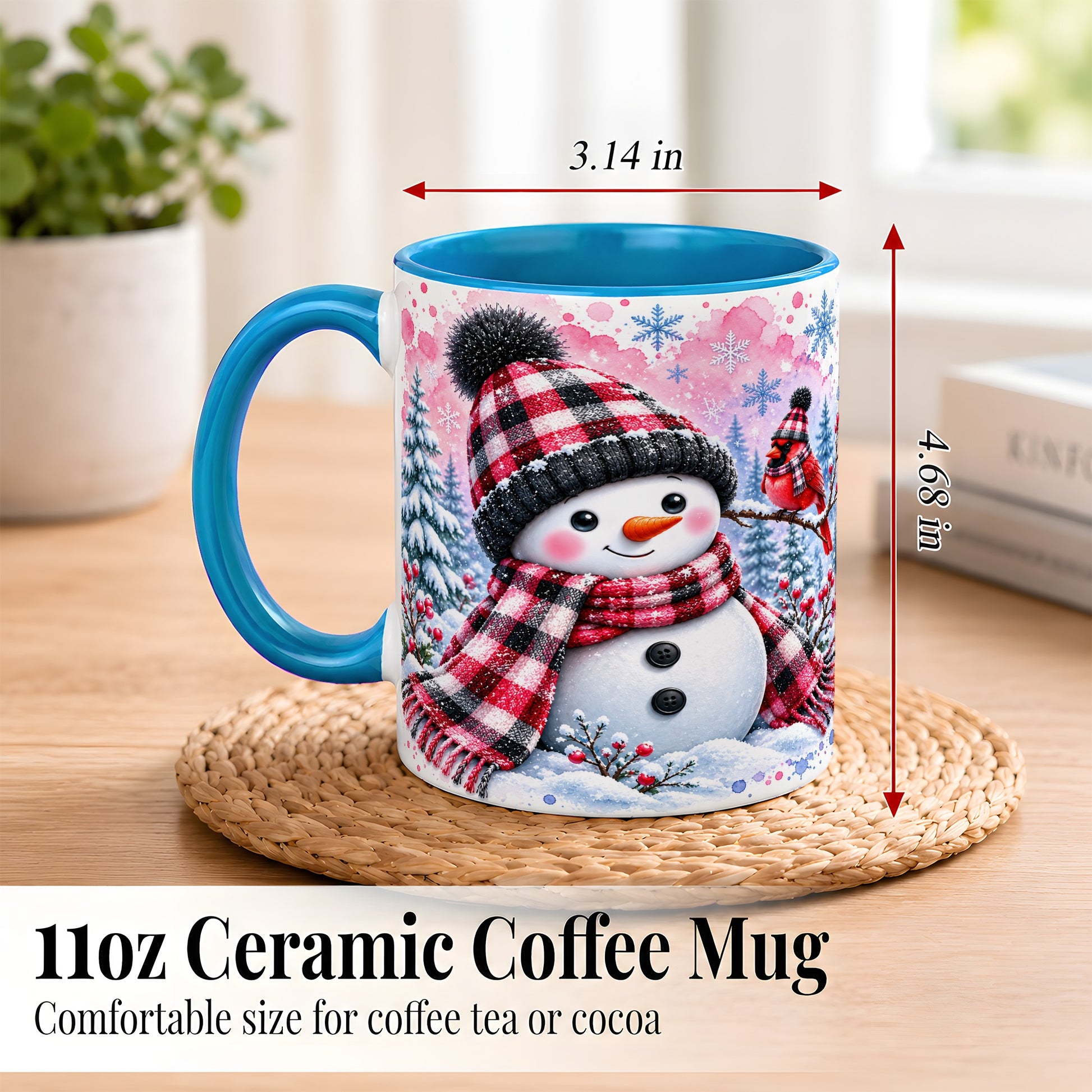 #pl[11oz|Blue] Snowman Cardinal Coffee Mug, Buffalo Plaid Winter Mug, Ceramic Cup