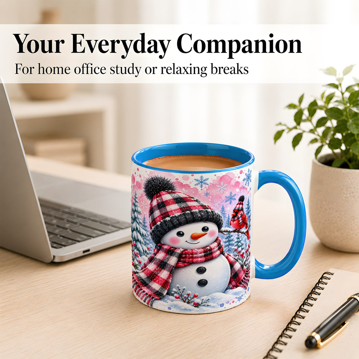 #pl[11oz|Blue] Snowman Cardinal Coffee Mug, Buffalo Plaid Winter Mug, Ceramic Cup