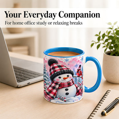 #pl[11oz|Blue] Snowman Cardinal Coffee Mug, Buffalo Plaid Winter Mug, Ceramic Cup