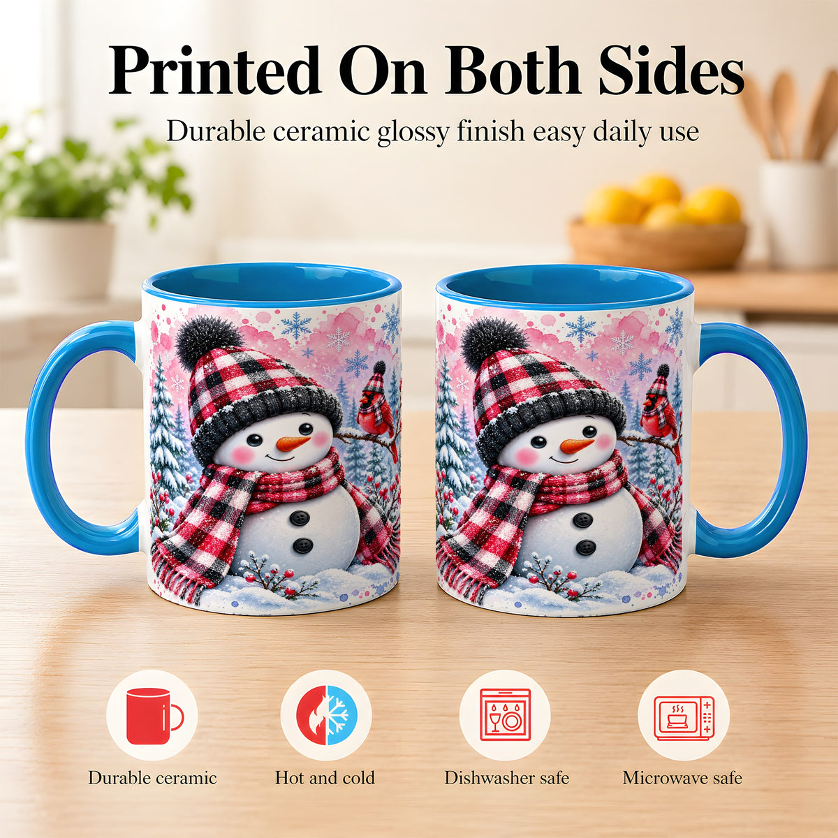 #pl[11oz|Blue] Snowman Cardinal Coffee Mug, Buffalo Plaid Winter Mug, Ceramic Cup