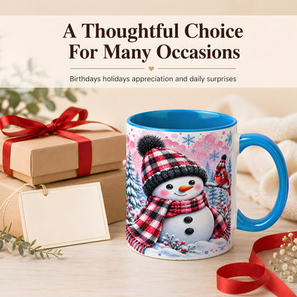 #pl[11oz|Blue] Snowman Cardinal Coffee Mug, Buffalo Plaid Winter Mug, Ceramic Cup