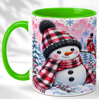#pl[11oz|Green] Snowman Cardinal Coffee Mug, Buffalo Plaid Winter Mug, Ceramic Cup