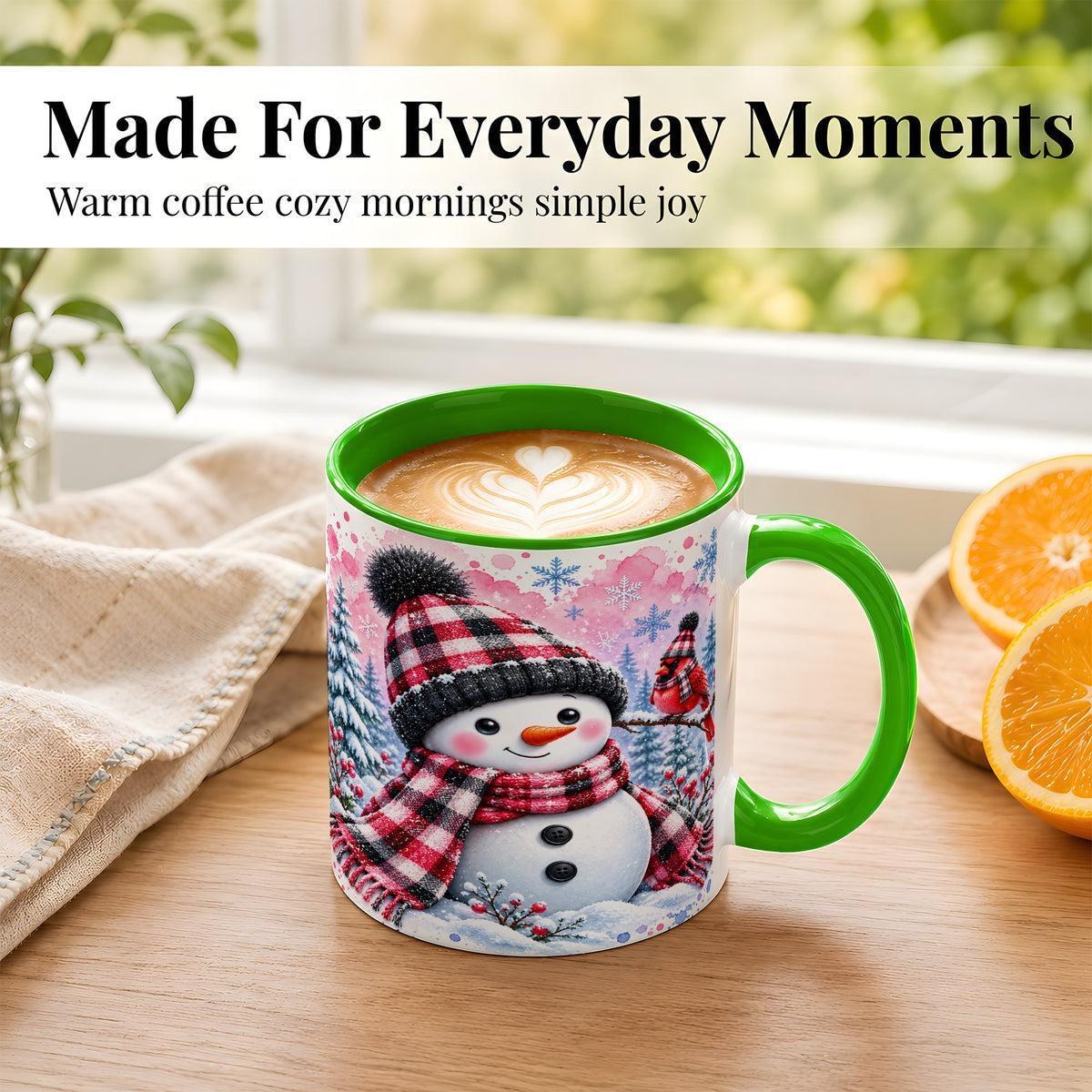 #pl[11oz|Green] Snowman Cardinal Coffee Mug, Buffalo Plaid Winter Mug, Ceramic Cup