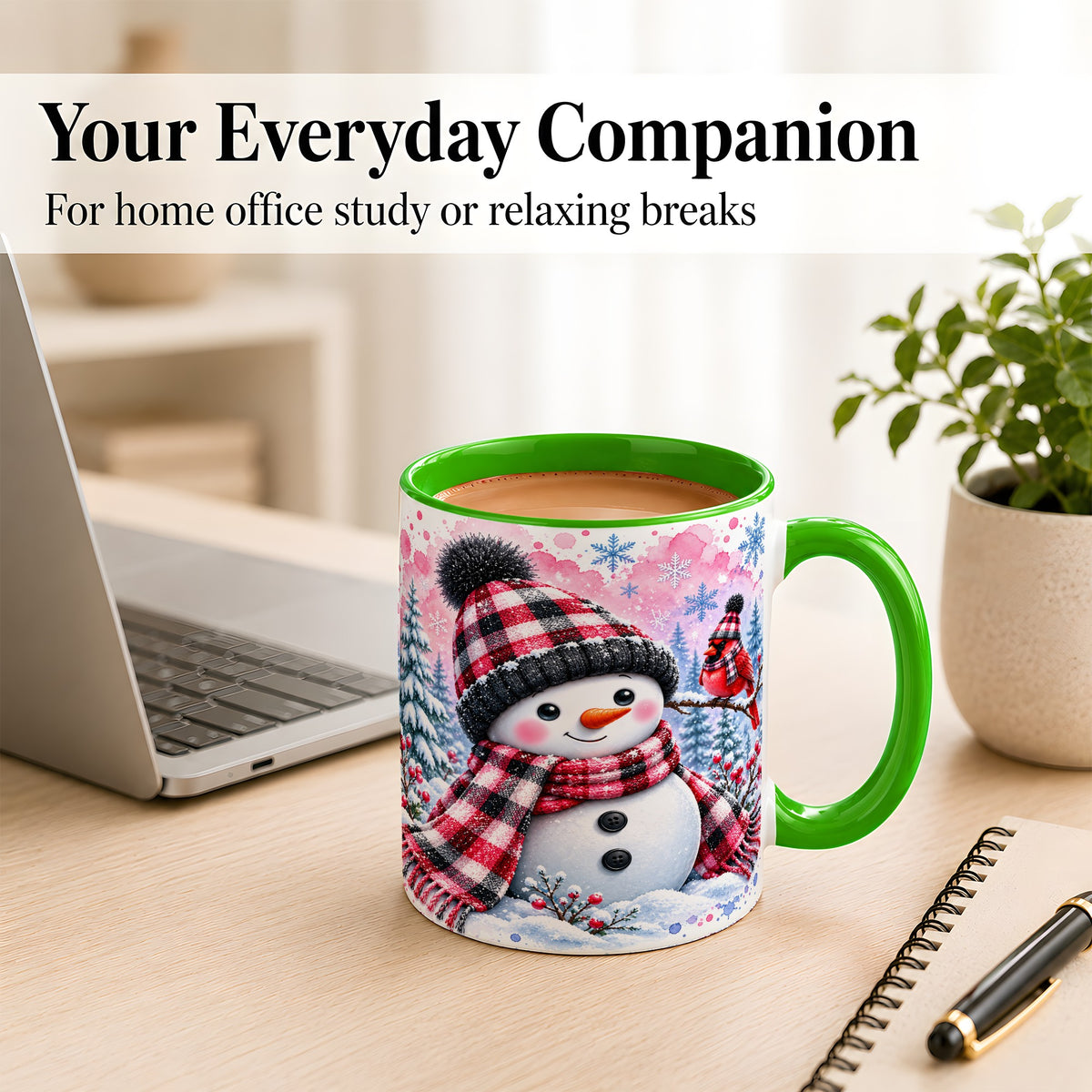 #pl[11oz|Green] Snowman Cardinal Coffee Mug, Buffalo Plaid Winter Mug, Ceramic Cup